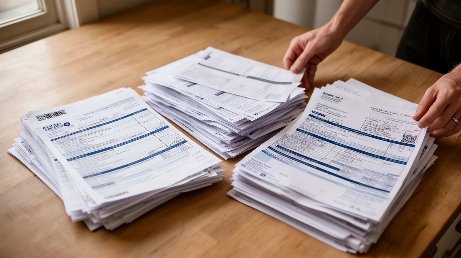 Boletas de servicios y resúmenes de cuenta impresos, ordenados en pilas sobre una mesa de cocina