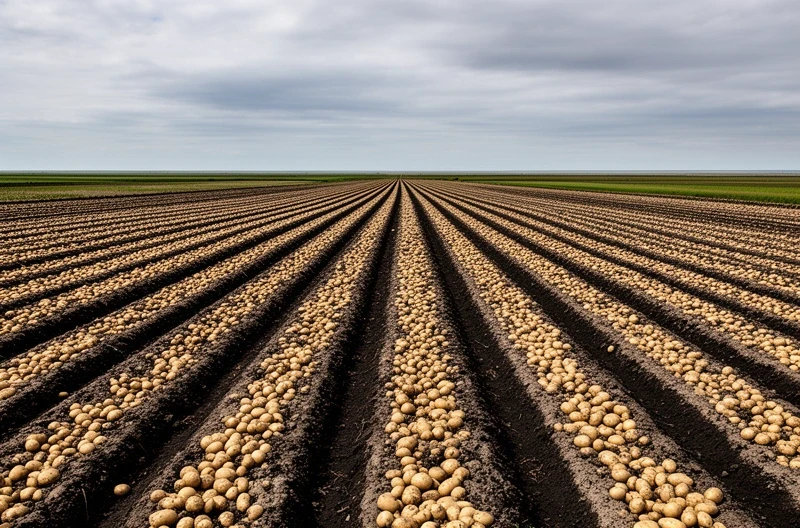 Surcos de un campo de papa recién cosechado bajo un cielo nublado