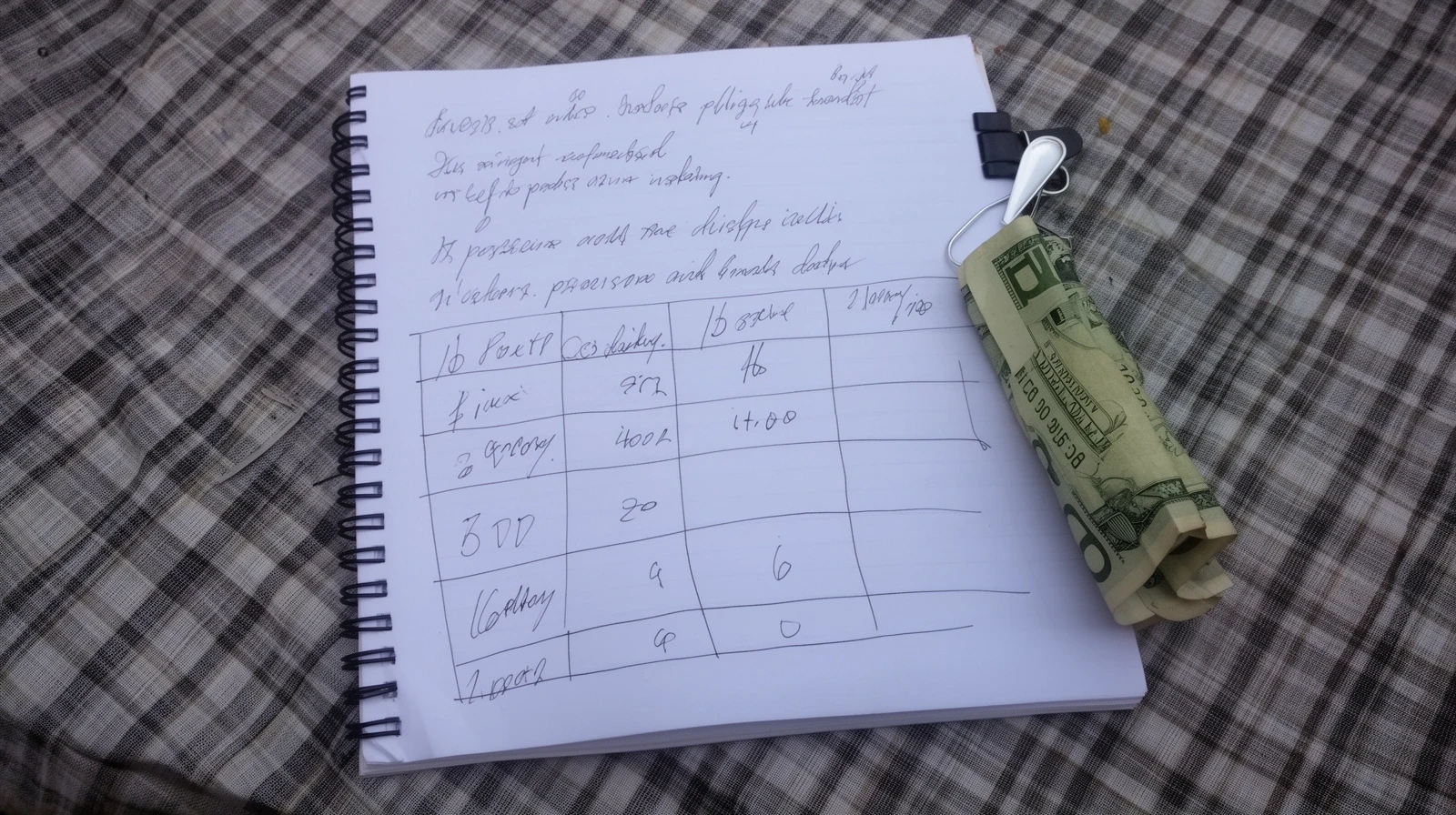 Cuaderno cuadriculado con una tabla hecha a mano y boletas abrochadas en la esquina