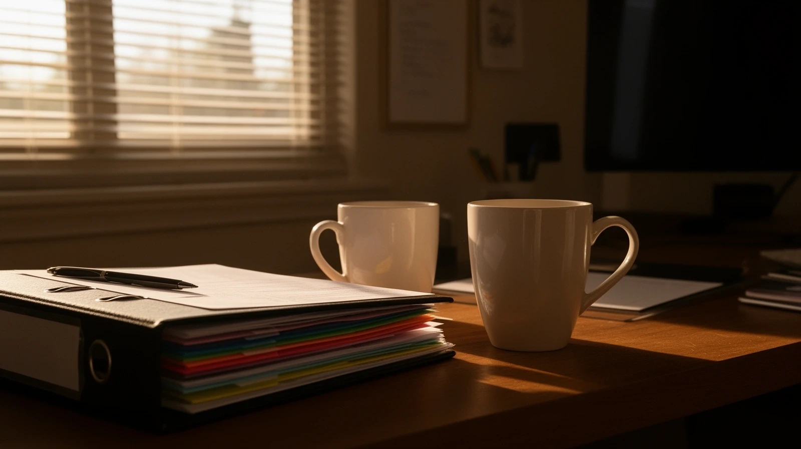 Dos tazas y una carpeta con separadores de colores sobre un escritorio con luz de tarde