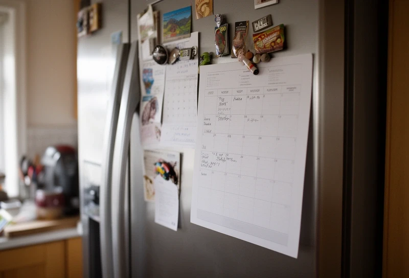 Puerta de heladera con imanes, una lista de compras y un calendario de papel