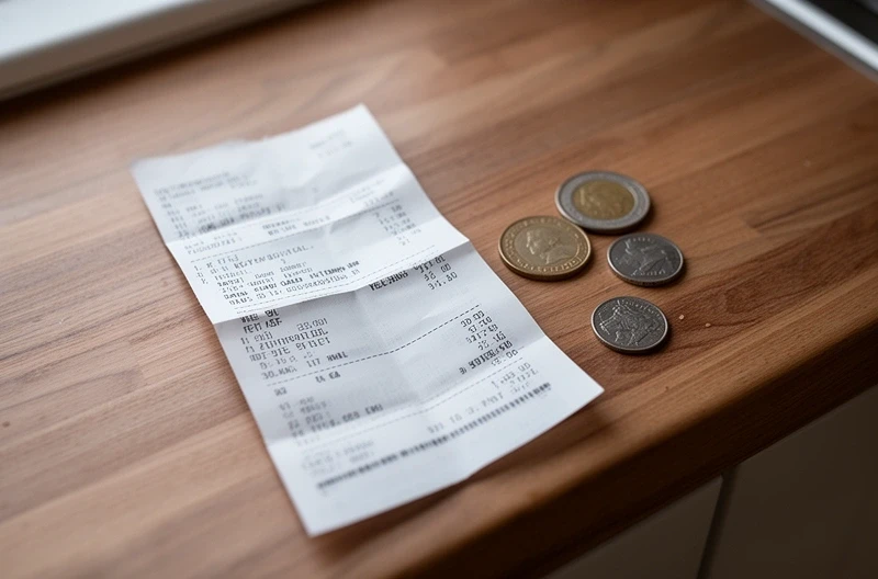 Recibo de sueldo doblado sobre una mesa junto a monedas